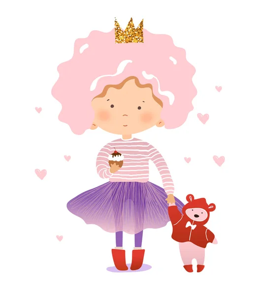 Funny little princess with a teddy bear and a cupcake. The girl in the crown and tutu walks with a toy and eats a cake. Flat cartoon vector illustration. — Stock Vector