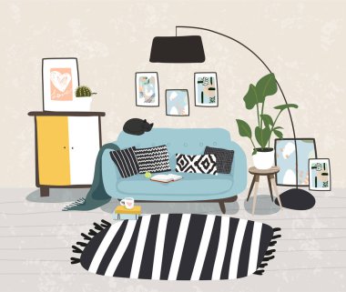 İskandinav tarzında modern oturma odası tasarımı. Bu dairede mobilyalar, bir kanepe, bir lamba, kapalı mekan bitkileri ve tablolar yer alıyor. Vektör illüstrasyonu.