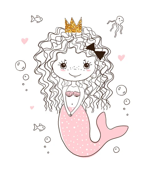 La piccola principessa sirena nel mondo sottomarino. La ragazza nella corona nuota con i pesci. Schizzo per cartoline, poster per la cameretta. Illustrazione vettoriale Doodle . — Vettoriale Stock