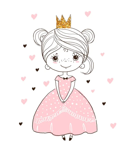 Pequeña princesa con una corona y un hermoso vestido. Chica de cuento de hadas. Cartel para la guardería, postal, invitación. Dibujos animados, ilustración vectorial . — Vector de stock