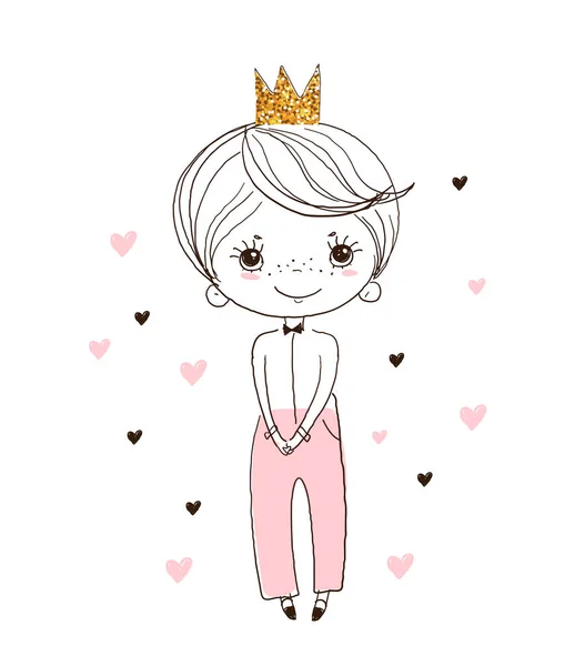 Fairy Tale little boy in the crown. Prince for the design of greeting cards, coloring, invitations, parties. Linear sketch character, hand drawing. Vector illustration. — 스톡 벡터