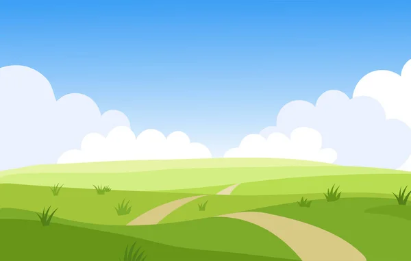 Hermoso paisaje de prado herboso de verano. Primavera naturaleza día soleado. Fondo brillante con cielo nublado en el parque, lugar para el texto. Dibujos animados vector ilustración . — Archivo Imágenes Vectoriales