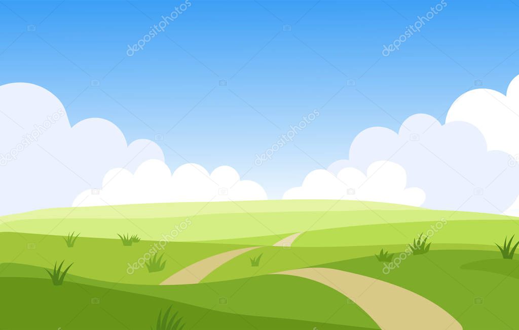 Beautiful summer grassy meadow landscape. Spring nature sunny day. Bright background with cloudy sky in the park, place for text. Cartoon vector illustration.