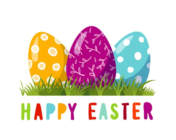 Krásná ozdobná velikonoční vajíčka na trávě. Pozdrav na dovolenou, nálepka, design. Veselé Velikonoce. Moderní plochá vektorová ilustrace. — Stockový vektor