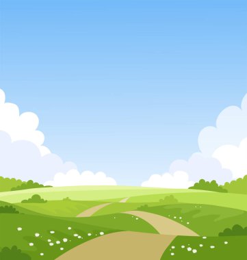 Beautiful spring landscape, banner with green fields and meadows. Summer natural background with place for text, green grass, road, clouds, sky. Sunny park. Vector illustration. vector Beautiful spring landscape, banner with green fields and meadows. Summer natural background with place for text, green grass, road, clouds, sky. Sunny park. Vector illustration. vector