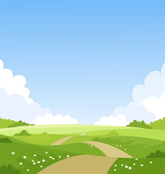 Bela paisagem de primavera, banner com campos verdes e prados. Verão fundo natural com lugar para texto, grama verde, estrada, nuvens, céu. Parque ensolarado. Ilustração vetorial . — Vetor de Stock