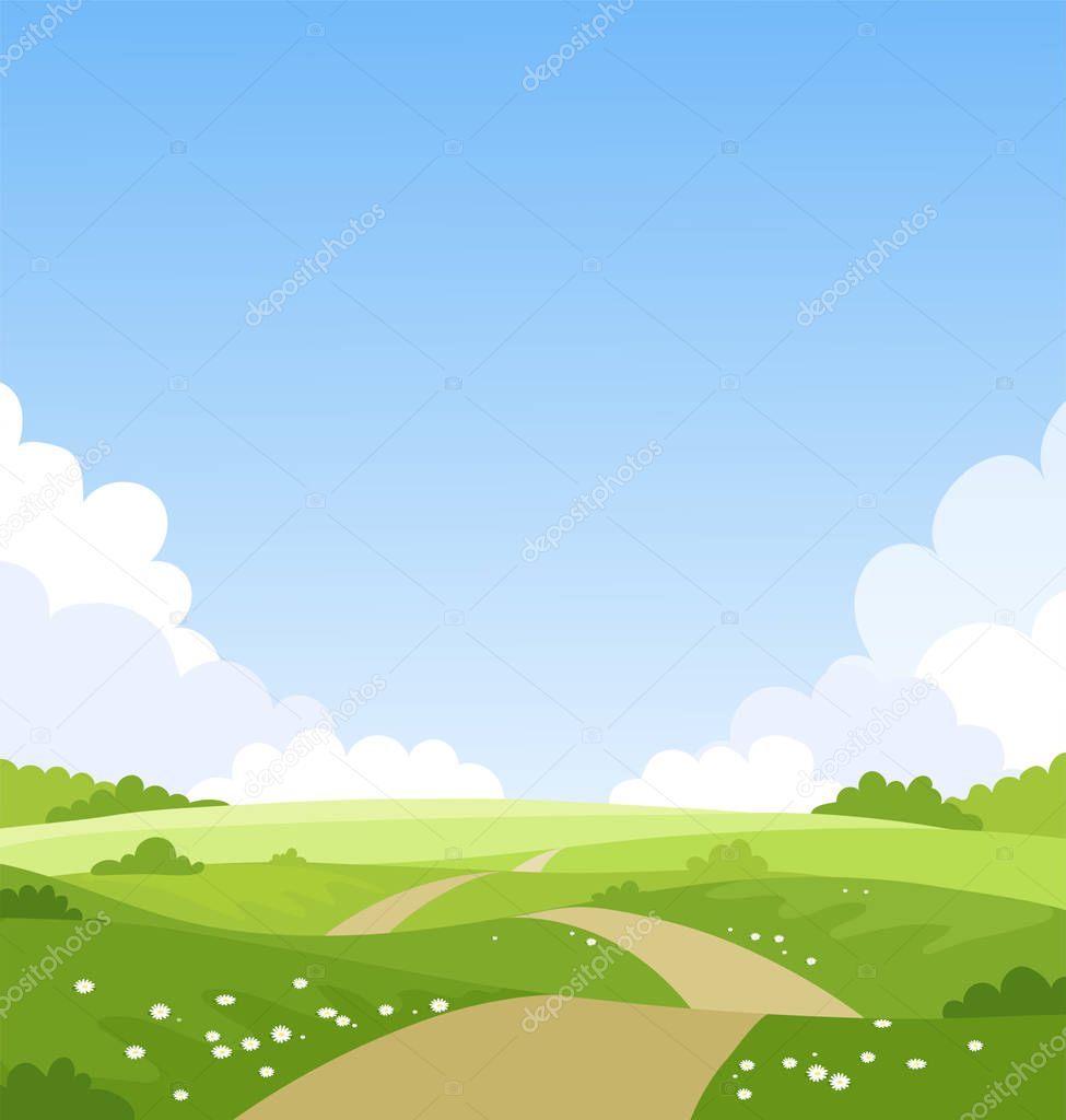 Beautiful spring landscape, banner with green fields and meadows. Summer natural background with place for text, green grass, road, clouds, sky. Sunny park. Vector illustration.