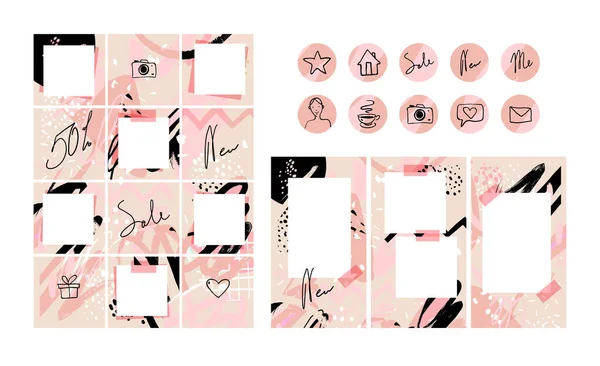 Burlas para publicaciones, historias, iconos en las redes sociales. Moderna paleta rosa, primavera y verano. Puzzle fondo textura abstracta. collage vectorial . — Vector de stock