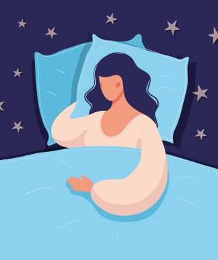 Beautiful young woman is sleeping in bed. The girl is sick at home, suffers from loneliness, a healthy full sleep, insomnia. Concept illustration. Flat vector. clipart
