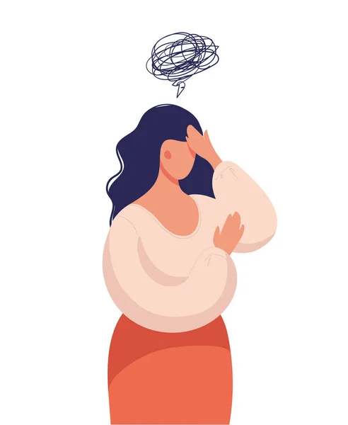 Een vrouw denkt na over een probleem, lijdt aan obsessieve gedachten, hoofdpijn, onopgeloste problemen, psychologisch trauma, depressie. Platte vectorillustratie. — Stockvector