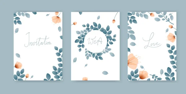 Set of simple cute cards with greens and poppies, branches with leaves, wreath, flowers, place for text. Vector illustration. — 스톡 벡터
