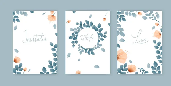 Conjunto de simples tarjetas lindas con greens y amapolas, ramas con hojas, corona, flores, lugar para el texto. Ilustración vectorial . — Vector de stock