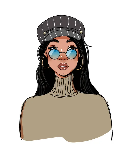 Bella ragazza hipster nera in occhiali blu e un berretto alla moda. Schizzo lineare, modello di donna in abiti alla moda. Illustrazione vettoriale isolata su sfondo bianco . — Vettoriale Stock