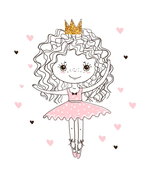 Cute little princess ballerina. A girl dances in a tutu skirt and pointe shoes. Linear hand drawing, vector doodle illustration isolated on white background. — Stock Vector