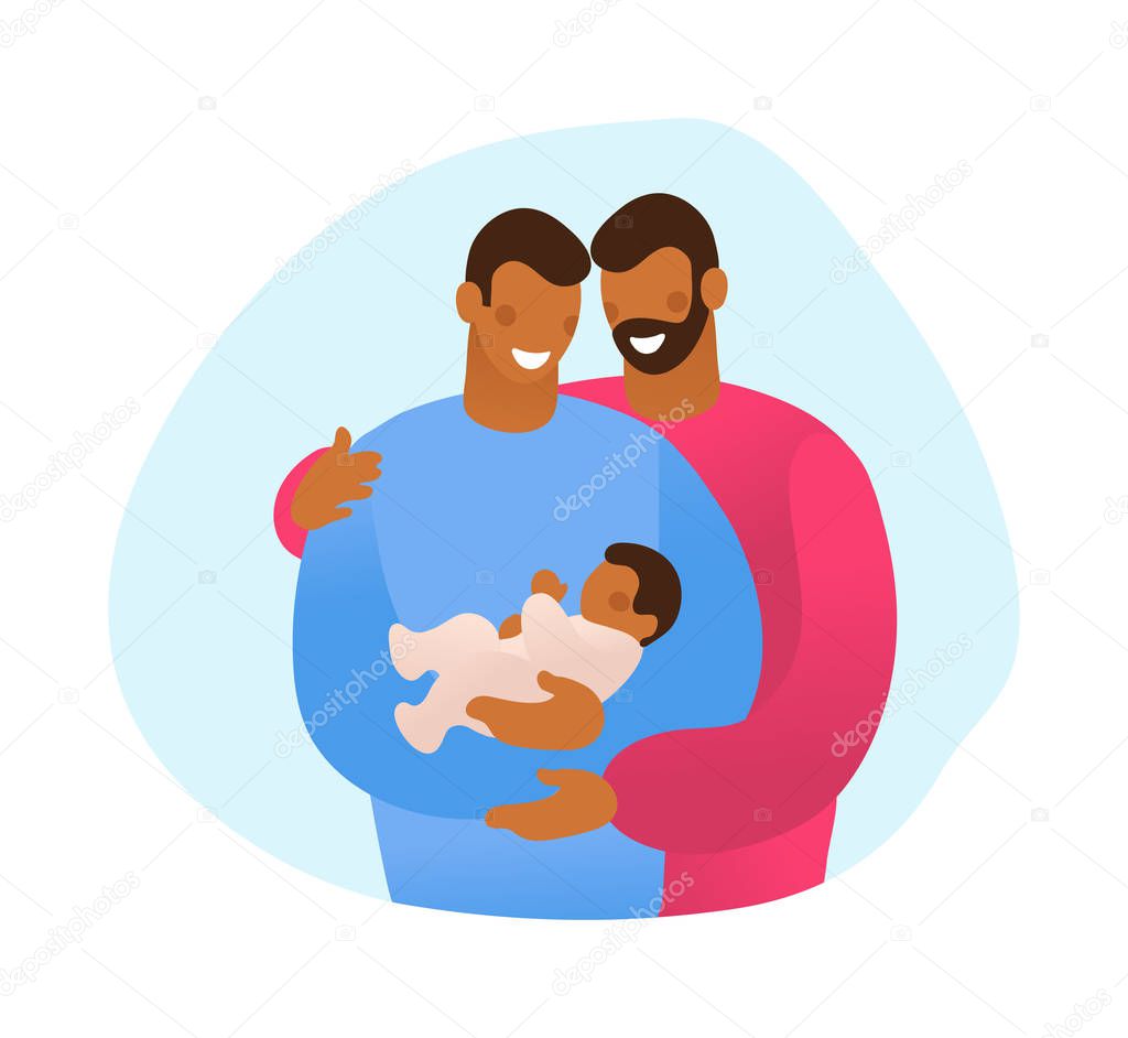 LGBT family hugs their child. Male gay couple with a son. A simple card about several generations, a grandson, a son and a grandfather. Flat vector illustration.