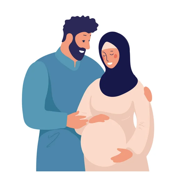 Μια παραδοσιακή μουσουλμανική οικογένεια περιμένει τη γέννηση ενός παιδιού. Αραβικό παντρεμένο ζευγάρι, έγκυος γυναίκα με μαντίλα. Επίπεδη διανυσματική απεικόνιση απομονωμένη σε λευκό φόντο. — Διανυσματικό Αρχείο
