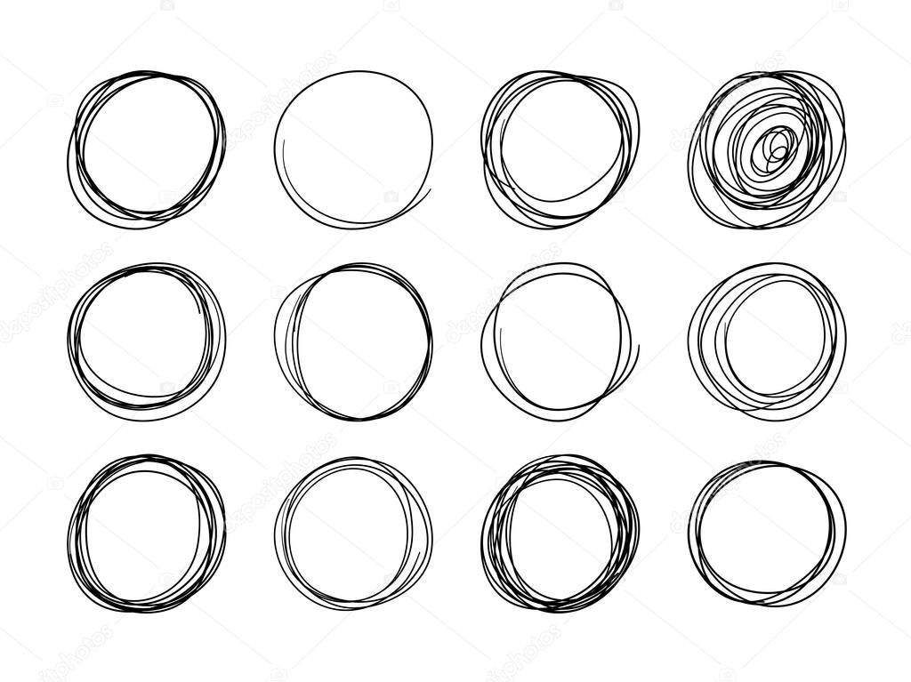 Set of round frames, hand drawing with a pencil, pen. Round design elements, stroke, sloppy simple drawing, scribble. Vector illustration isolated on a white background.