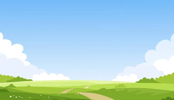 Soleado paisaje primaveral o veraniego, camino, prados, cielo con nubes. Banner de granja verde, concepto de cuidado de la naturaleza y la ecología. ilustración plana vector de dibujos animados . — Archivo Imágenes Vectoriales