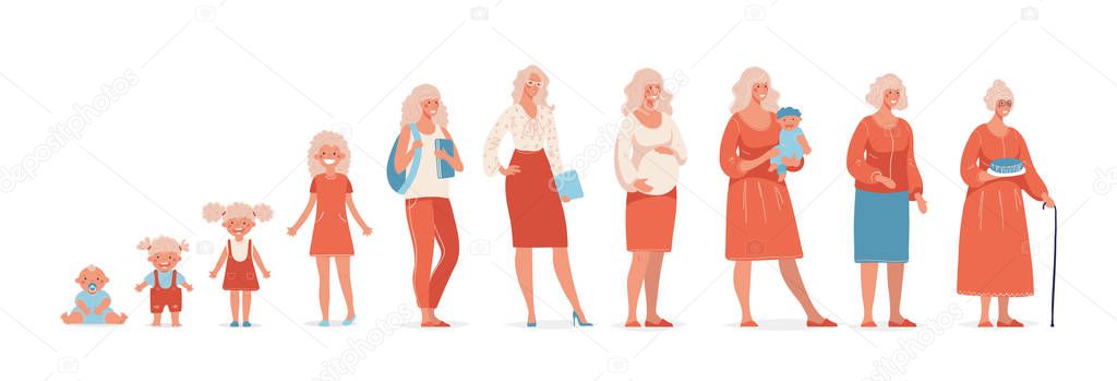 A woman at different ages, childhood, youth, maturity. Girl child, schoolgirl, student, teenager, adult woman, lady, grandmother. Stages of character growth. Flat cartoon vector illustration. — Stock Illustration A woman at different ages, childhood, youth, maturity. Girl child, schoolgirl, student, teenager, adult woman, lady, grandmother. Stages of character growth. Flat cartoon vector illustration. Royalty Free Stock Vectors