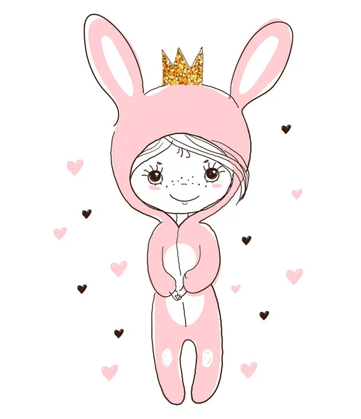 Carina la ragazzina in costume da coniglio. Coniglietto di Pasqua. Piccola principessa in costume da carnevale. Illustrazione vettoriale Doodle isolata su bianco . — Vettoriale Stock