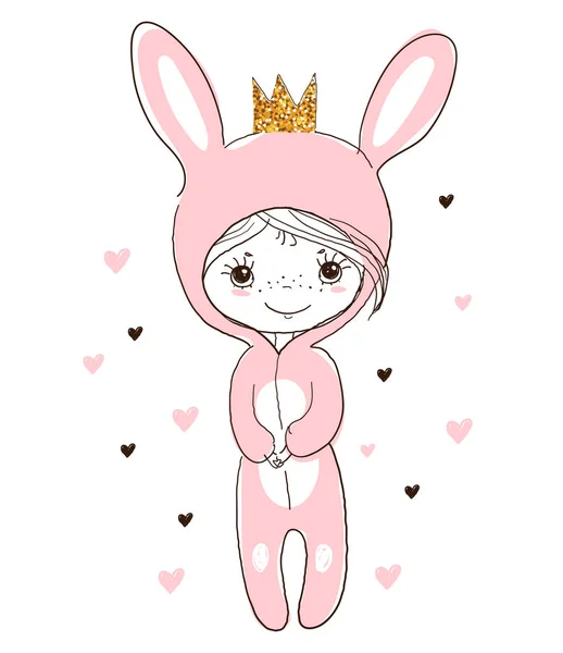 Niedliches kleines Mädchen im Hasenkostüm. Osterhase. kleine Prinzessin im Faschingskostüm. Doodle Vektor Illustration isoliert auf weiß. — Stockvektor