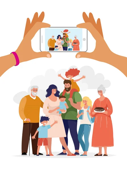 Foto einer befreundeten Großfamilie. zwei Hände, die ein Telefon halten und ein Familienfoto machen. niedlich flache Cartoon-Vektor-Illustration. — Stockvektor