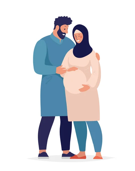 Família muçulmana à espera do nascimento de uma criança. Uma mulher grávida em um hijab, um homem de vestido tradicional abraça e cuida de sua esposa. Desenho plano ilustração vetorial . — Vetor de Stock