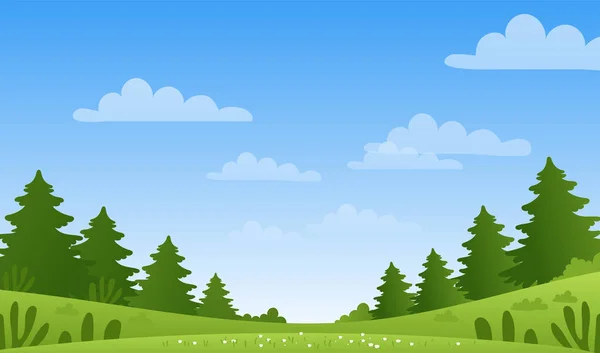 Prato primaverile con erba verde e fiori selvatici. Poster con paesaggio estivo, foresta di conifere, cielo blu con nuvole. Semplice illustrazione vettoriale . — Vettoriale Stock