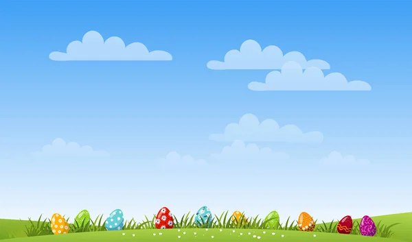 Fundo de Páscoa moderna com lugar para texto, ovos decorados na grama. Fundo de férias primavera. Desenho plano ilustração vetorial . — Vetor de Stock