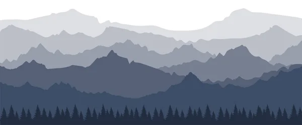 Un paesaggio con una vista prospettica delle montagne in diversi strati. Stendardo con una sagoma di una foresta e montagne. Vista mattutina nebbiosa sulle Alpi. Semplice illustrazione vettoriale . — Vettoriale Stock