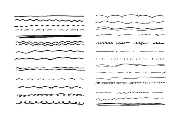 Satz einfacher schwarzer Unterstriche mit Stift, Bleistift, Marker. Kritzelbriefe. Handschrift verschiedener Linien, die gewellt sind. Kritzeln. Vektorillustration. — Stockvektor