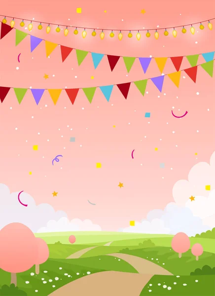 Άνοιξη φόντο κάρτα διακοπών με αντίγραφο χώρο. Παραμυθένια χώρα με ροζ ουρανό, δέντρα και σημαίες. Κενό για γενέθλια, πρόσκληση, παιδικό πάρτι. Επίπεδη απεικόνιση διανύσματος κινουμένων σχεδίων. — Διανυσματικό Αρχείο