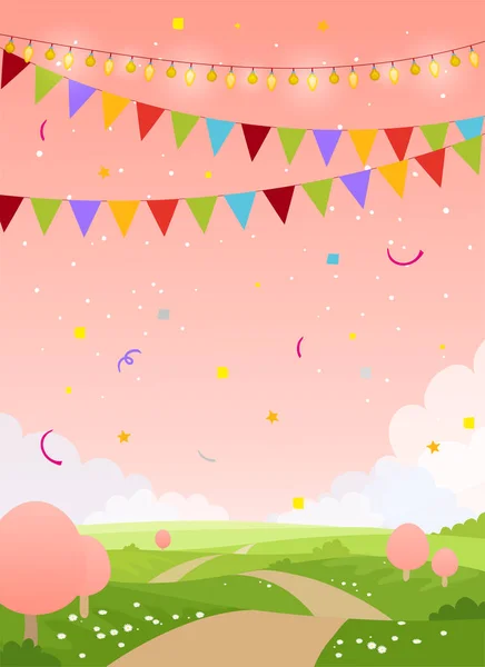 Fondo de la tarjeta de vacaciones de primavera con espacio de copia. País de cuento de hadas con cielo rosa, árboles y banderas. En blanco para cumpleaños, invitación, fiesta de niños. ilustración plana vector de dibujos animados . — Vector de stock