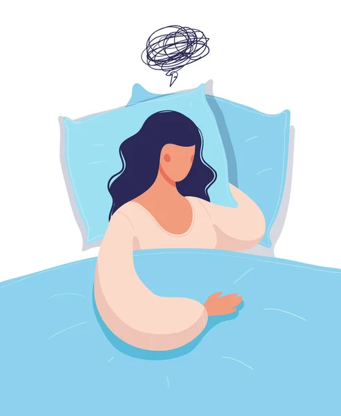 Belle jeune femme se trouve au lit et pense. Illustration conceptuelle de dépression, insomnie, frustration, solitude, problèmes. Illustration de dessin animé vectoriel plat . — Image vectorielle