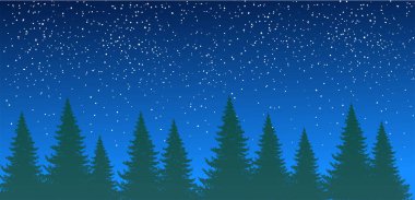 Orman silueti, yaz gökyüzünün arka planında yıldızlarla birlikte. Ladin ormanı, arka arkaya çam ağaçları. Metin için yeri olan doğal bir arka plan. Vektör illüstrasyonu.