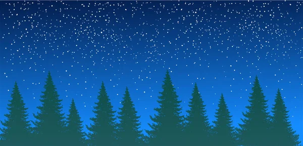 Forêt silhouette sur fond de ciel nocturne d'été avec des étoiles. Forêt d'épinettes, pins en rangée. Fond naturel avec place pour le texte. Illustration vectorielle . — Image vectorielle