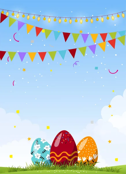 Beautiful easter card, decorated eggs in the grass on a natural sky background. Festive background with copy space. Flat cartoon vector illustration. — Stock Vector