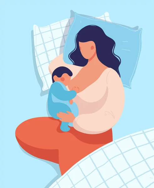 Kobieta karmi piersią dziecko leżąc w łóżku. Koncepcyjna ilustracja karmienia piersią, bezpiecznego spania z dzieckiem, macierzyństwa, opieki i relaksu. Ilustracja wektora płaskiego. — Wektor stockowy