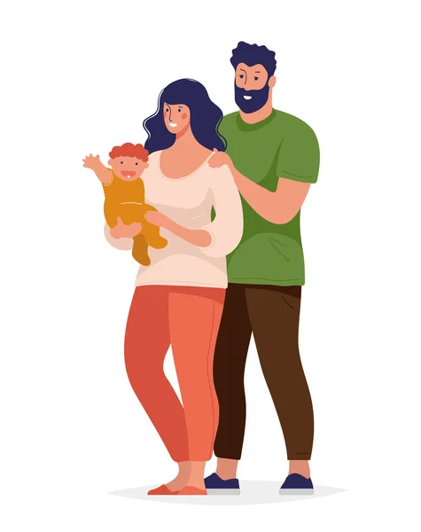 Moderní mladý pár s dítětem, tradiční šťastná rodina. Muž a žena s dítětem. Znaky pro design. Ploché kreslené vektorové ilustrace izolované na bílém pozadí. — Stockový vektor