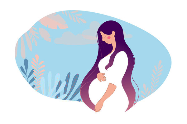 Beautiful young pregnant woman on a natural background with leaves and blue sky. A pregnant girl. Flat doodle illustration isolated on white with place for text.