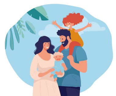 Doğal bir geçmişi olan iki çocuklu güzel bir aile. Mutlu anne ve babalar ve çocukları. Düz çizgi film vektör çizimi beyaz arkaplanda izole edildi.