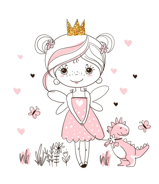 A cute little princess is walking with a home dinosaur. Hand drawn simple doodle illustration. Character for baby shower, birthday, invitation. Vector — 스톡 벡터