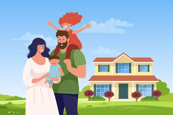 幸せな家族が新しい家の背景に立っている。販売、購入、住宅ローン、不動産サービス、新しい生活、家族についての概念図。漫画ベクトル. — ストックベクタ