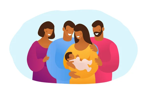 Uma grande família de negros com um bebê recém-nascido. Várias gerações. Os avós abraçam pais jovens com o bebê. Desenho plano ilustração vetorial . — Vetor de Stock
