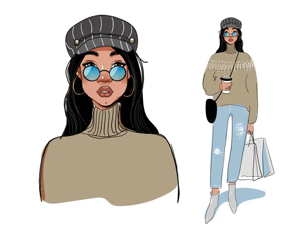 000Carina ragazza hipster porta borsa e caffè. Ritratto in piena crescita. La giovane donna moderna va a fare shopping. Illustrazione della moda vettoriale . — Vettoriale Stock