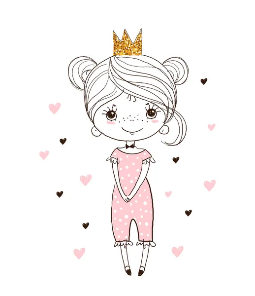 Beautiful little girl in pajamas. Cute birthday card, vector illustration for birthday, poster for nursery, baby shower. Doodle character isolated on white. — 스톡 벡터