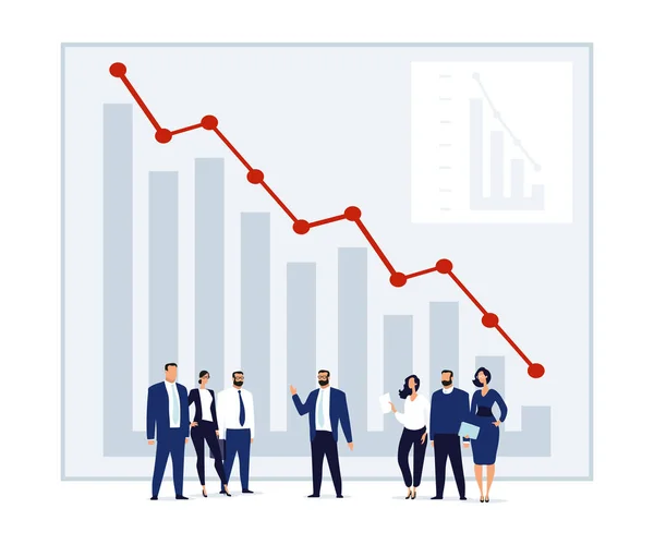 A group of people is standing in front of a fall chart. Conceptual illustration of teamwork, global economic crisis, ruin, failure on the stock exchange. Flat vector illustration with tiny people. — 图库矢量图片