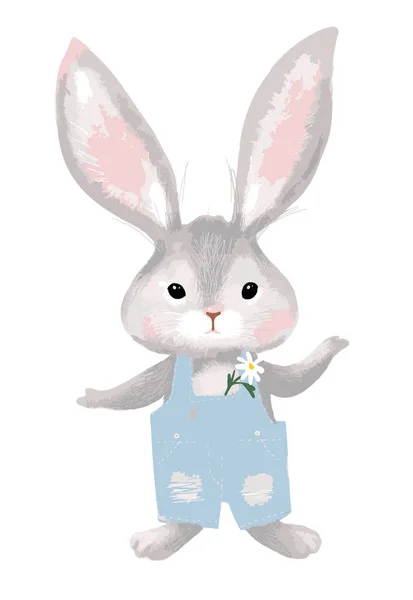 Милий кролик у блакитному комбінезоні, милий дитячий персонаж тварин для запрошення, вітальна листівка, день народження. Мультфільм векторний персонаж ізольований на білому тлі . — стоковий вектор