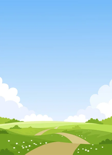Cartão com uma paisagem simples, prados verdes, céu azul com nuvens. Fundo natural primavera. Parque de verão com uma trilha. Ilustração vetorial com espaço de cópia . — Vetor de Stock