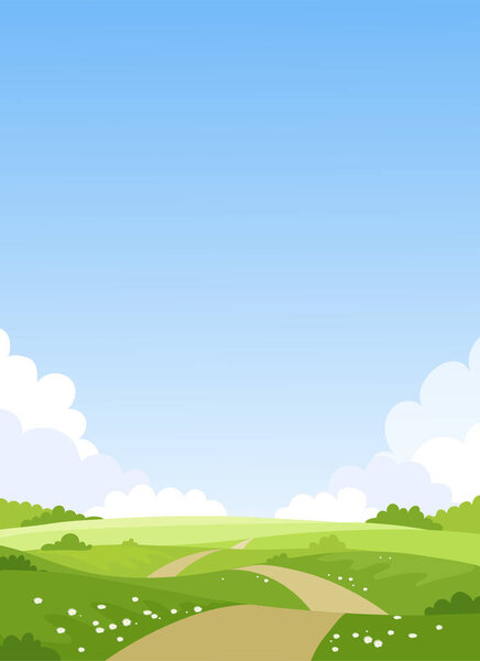 Карта с простым пейзажем, зелеными лугами, голубым небом с облаками. Весенний естественный фон. Летний парк со следом. Векторная иллюстрация с местом для копирования
.